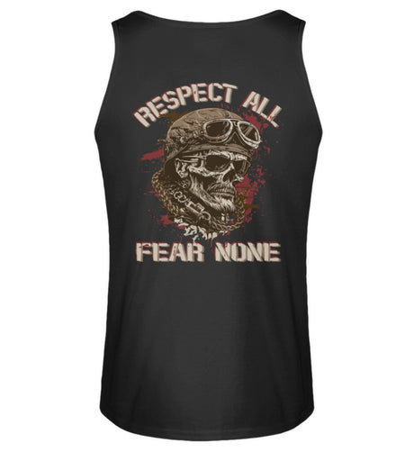 Ein Biker Tanktop für Motorradfahrer von Wingbikers mit dem Aufdruck, Respect All - Fear None, mit Back Print, in schwarz.