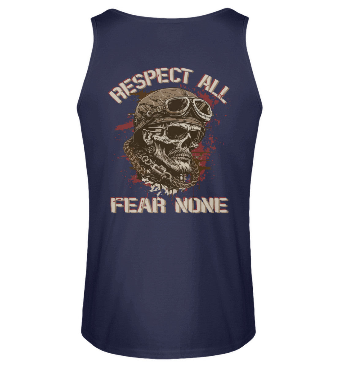 Ein Biker Tanktop für Motorradfahrer von Wingbikers mit dem Aufdruck, Respect All - Fear None, mit Back Print, in navy blau.