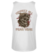 Ein Biker Tanktop für Motorradfahrer von Wingbikers mit dem Aufdruck, Respect All - Fear None, mit Back Print, in weiß.