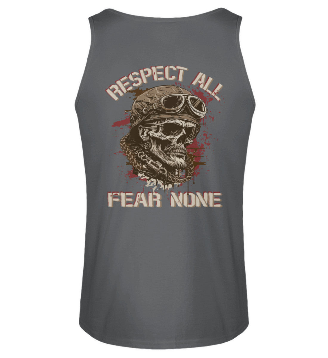 Ein Biker Tanktop für Motorradfahrer von Wingbikers mit dem Aufdruck, Respect All - Fear None, mit Back Print, in dunkelgrau.