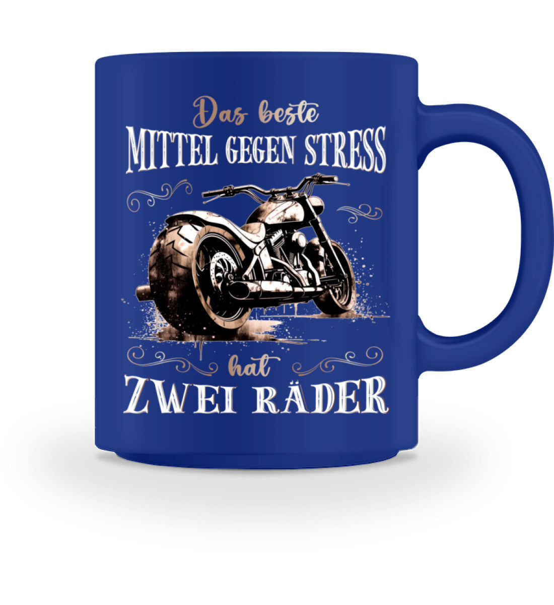 Eine Tasse für Motorradfahrer von Wingbikers mit dem beidseitigen Aufdruck, Das beste Mittel gegen Stress hat 2 Räder, in royal bau.