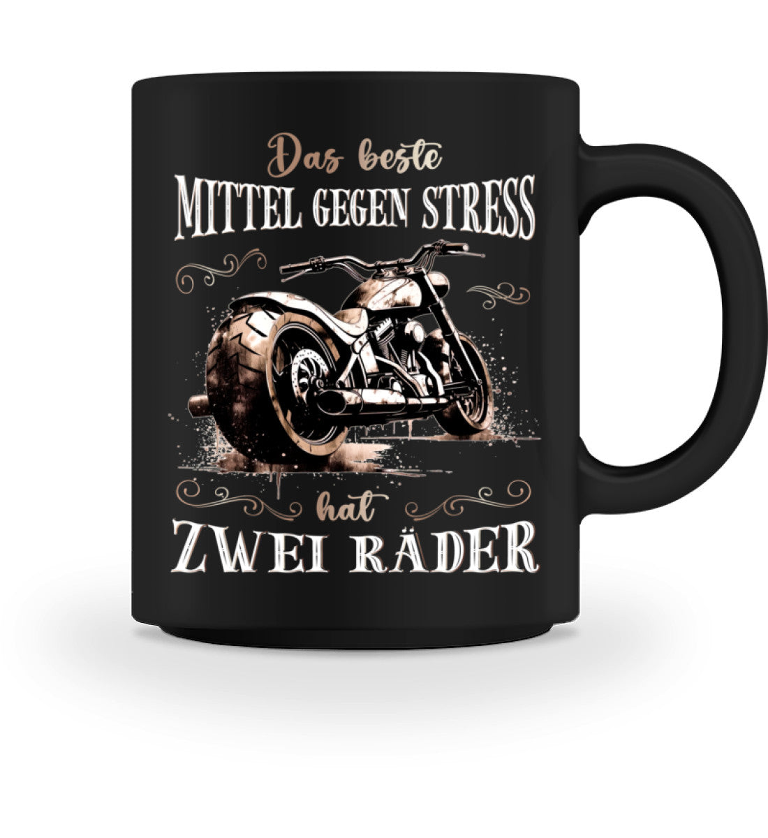 Eine Tasse für Motorradfahrer von Wingbikers mit dem beidseitigen Aufdruck, Das beste Mittel gegen Stress hat 2 Räder, in schwarz.