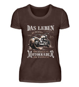 Ein Bikerin T-Shirt für Motorradfahrerinnen von Wingbikers mit dem Aufdruck, Das Leben ist zu kurz, um hässliche Motorräder zu fahren - in braun.