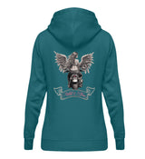 Ein Damen Hoodie für Motorradfahrerinnen von Wingbikers mit dem Aufdruck, Wild & Free, als Back Print, in petrol türkis.