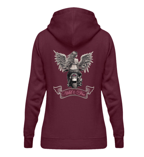 Ein Damen Hoodie für Motorradfahrerinnen von Wingbikers mit dem Aufdruck, Wild & Free, als Back Print, in burgunder weinrot.