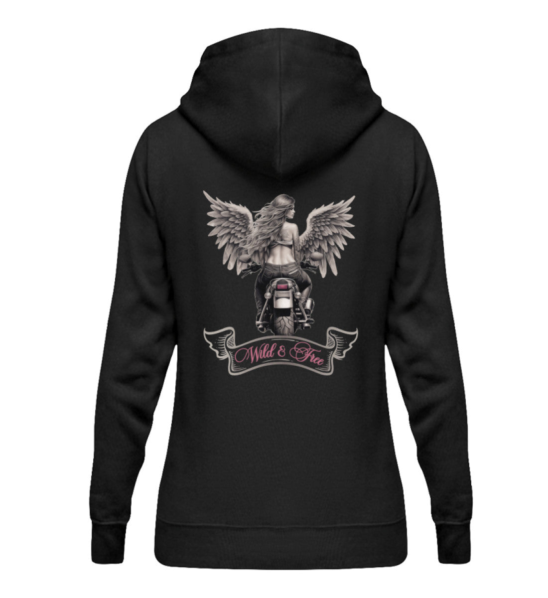 Ein Damen Hoodie für Motorradfahrerinnen von Wingbikers mit dem Aufdruck, Wild & Free, als Back Print, in schwarz.