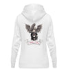 Ein Damen Hoodie für Motorradfahrerinnen von Wingbikers mit dem Aufdruck, Wild & Free, als Back Print, in weiß.