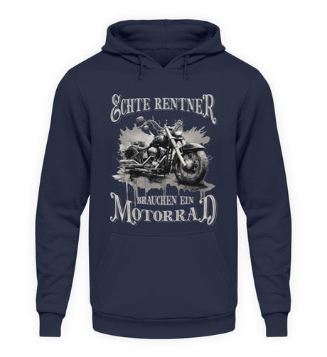 Ein Biker Hoodie für Motorradfahrer von Wingbikers mit dem Aufdruck, Echte Rentner brauchen ein Motorrad, in navy blau.