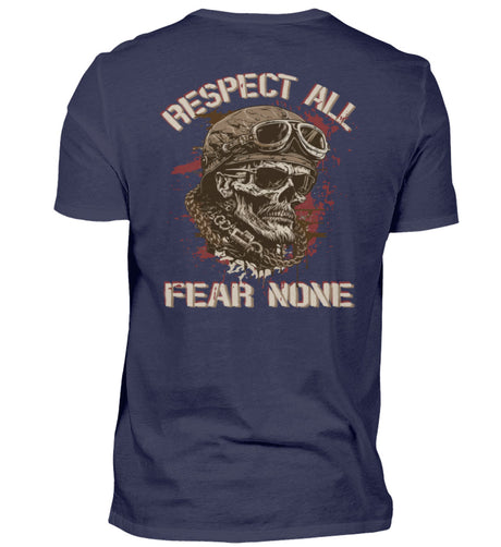 Ein Biker T-Shirt für Motorradfahrer von Wingbikers mit dem Aufdruck, Respect All - Fear None, als Back Print, in navy blau.