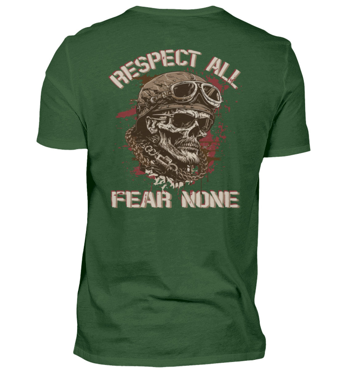 Ein Biker T-Shirt für Motorradfahrer von Wingbikers mit dem Aufdruck, Respect All - Fear None, als Back Print, in dunkelgrün.