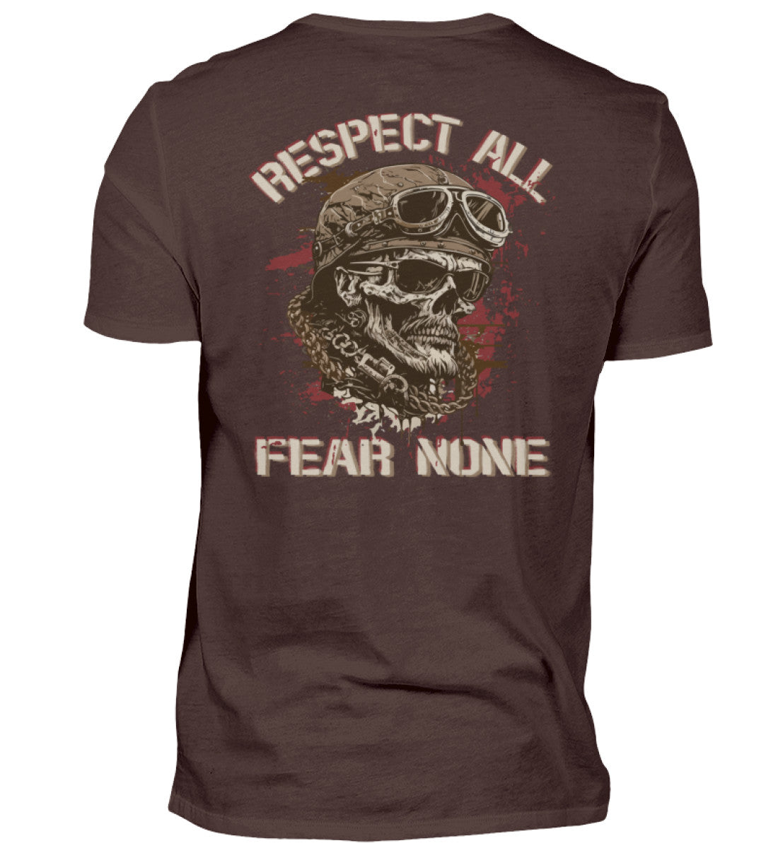 Ein Biker T-Shirt für Motorradfahrer von Wingbikers mit dem Aufdruck, Respect All - Fear None, als Back Print, in braun.