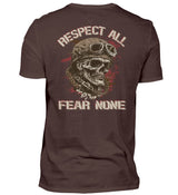 Ein Biker T-Shirt für Motorradfahrer von Wingbikers mit dem Aufdruck, Respect All - Fear None, als Back Print, in braun.