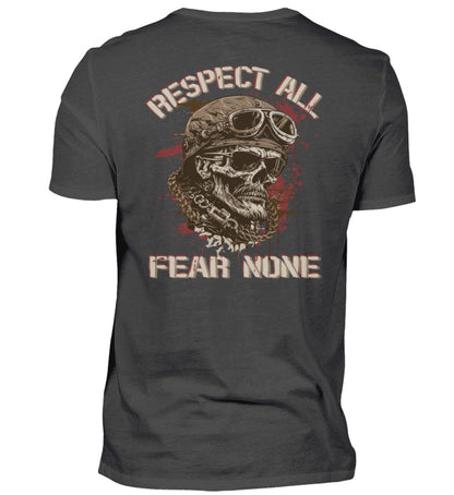 Ein Biker T-Shirt für Motorradfahrer von Wingbikers mit dem Aufdruck, Respect All - Fear None, als Back Print, in dunkelgrau.