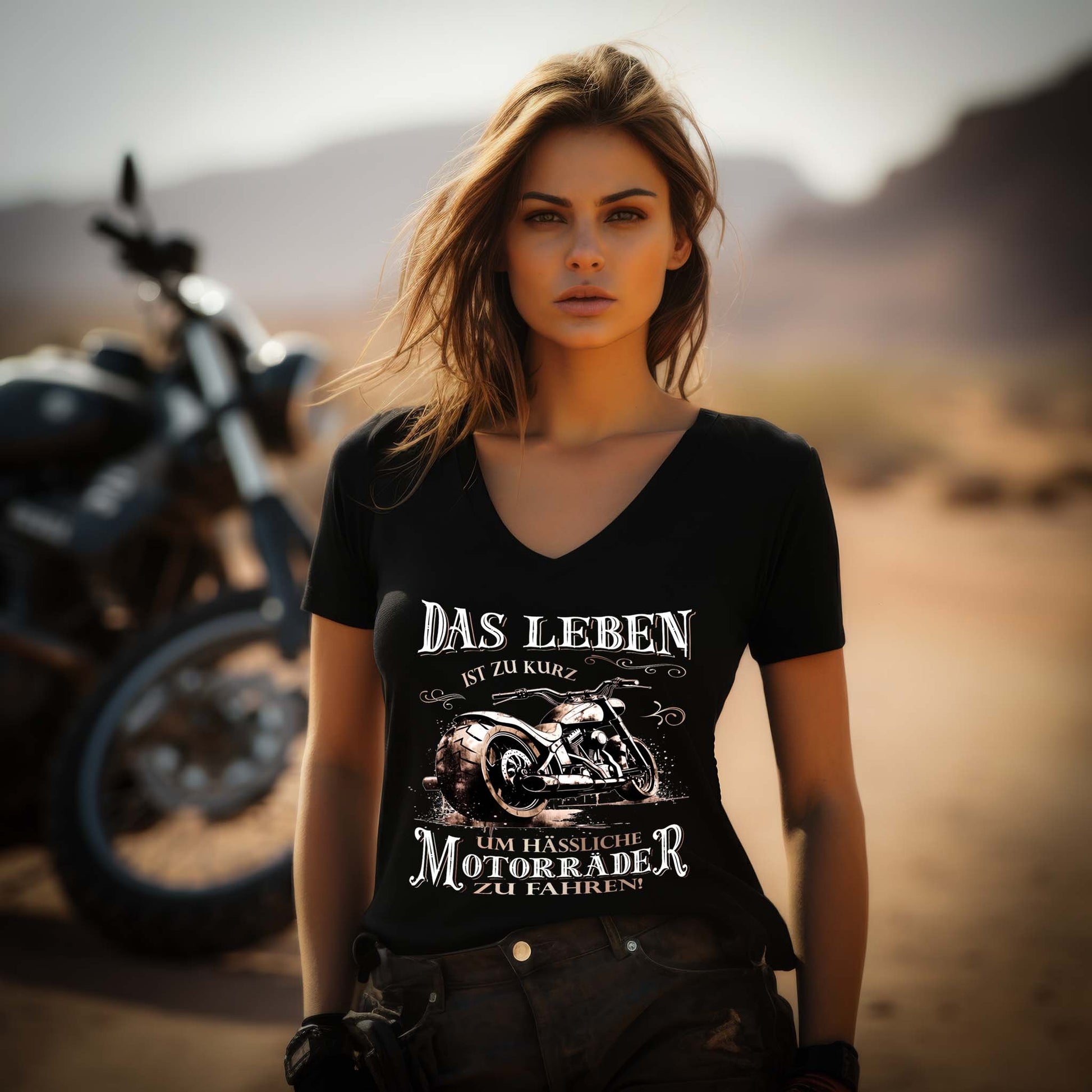 Eine Bikerin mit einem T-Shirt mit V-Ausschnitt für Motorradfahrerinnen von Wingbikers mit dem Aufdruck, Das Leben ist zu kurz, um hässliche Motorräder zu fahren - in schwarz.