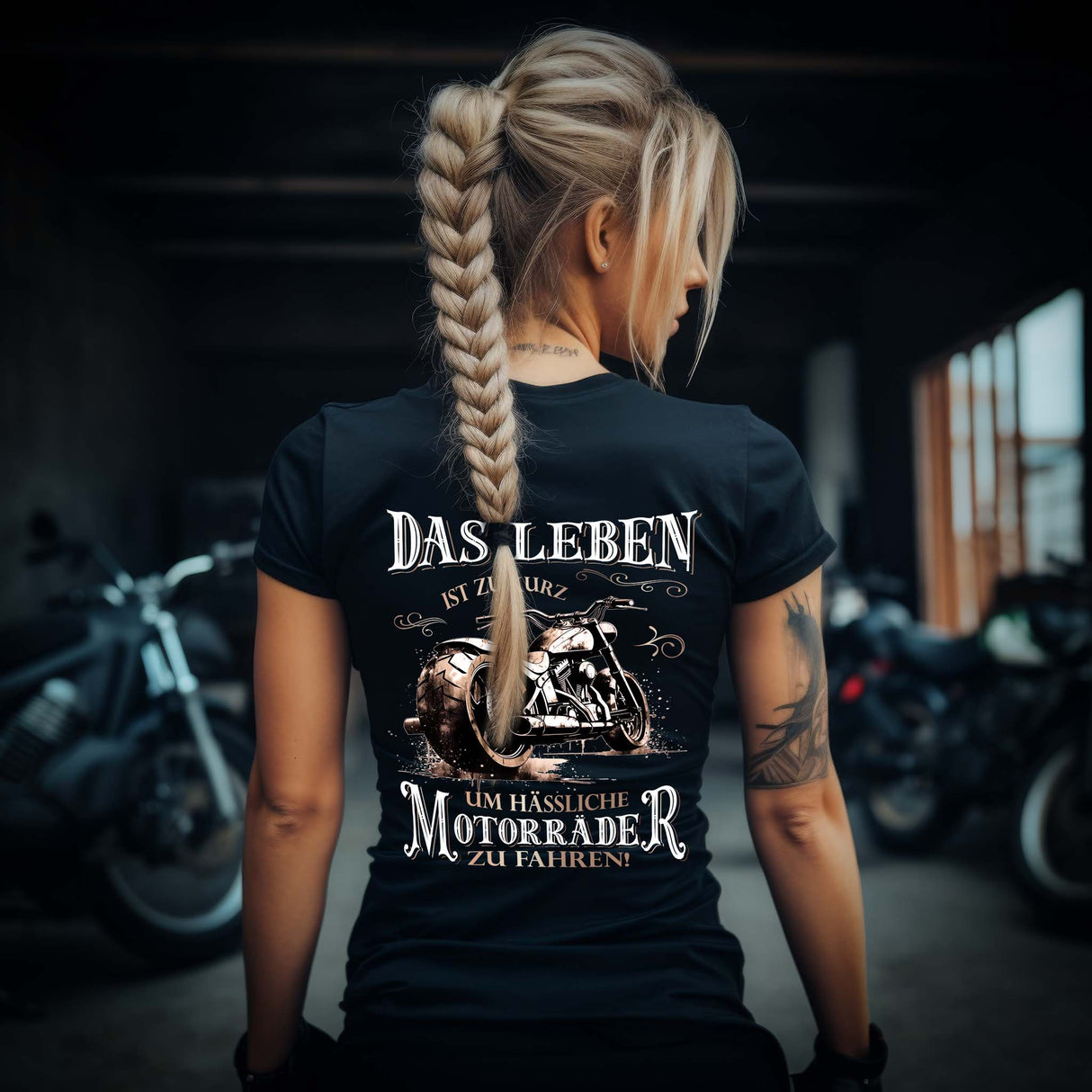 Eine Bikerin mit einem T-Shirt für Motorradfahrerinnen von Wingbikers mit dem Aufdruck, Das Leben ist zu kurz, um hässliche Motorräder zu fahren - mit Back Print, in schwarz.