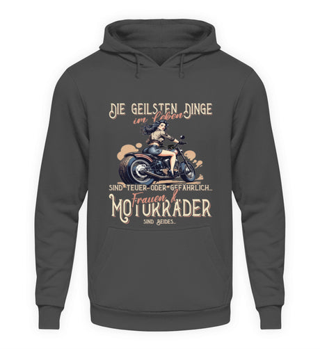 Ein Biker Hoodie von Wingbikers, mit dem Aufdruck, die geilsten Dinge im Leben sind teuer oder gefährlich - Frauen und Motorräder sind beides, in Stahlgrau.
