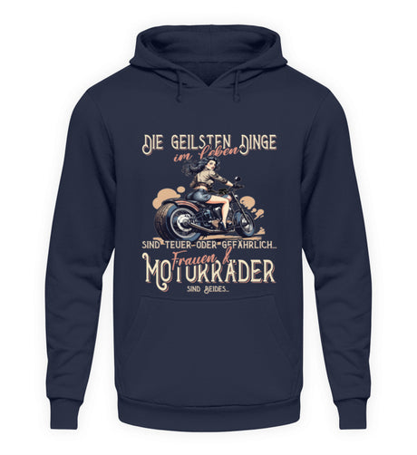 Ein Biker Hoodie von Wingbikers, mit dem Aufdruck, die geilsten Dinge im Leben sind teuer oder gefährlich - Frauen und Motorräder sind beides, in navy.