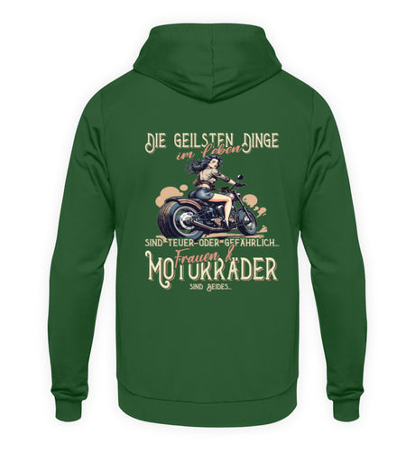 Ein Biker Hoodie von Wingbikers, mit dem Aufdruck, die geilsten Dinge im Leben sind teuer oder gefährlich - Frauen und Motorräder sind beides - mit Back Print, in dunkelgrün.