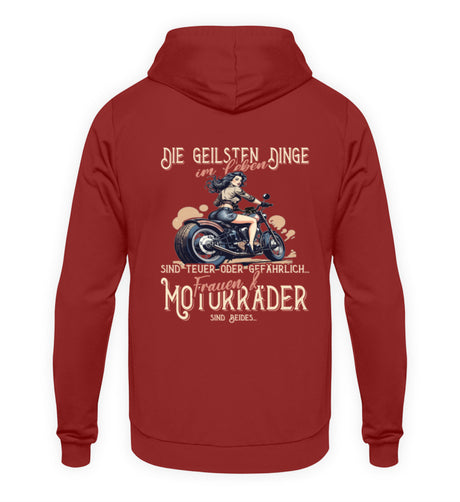 Ein Biker Hoodie von Wingbikers, mit dem Aufdruck, die geilsten Dinge im Leben sind teuer oder gefährlich - Frauen und Motorräder sind beides - mit Back Print, in rot.