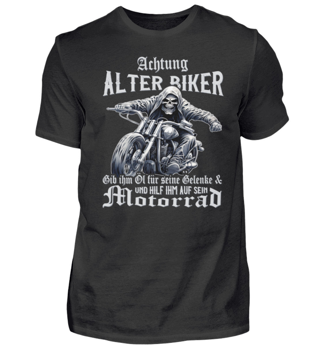 Ein Biker T-Shirt für Motorradfahrer von Wingbikers mit dem Aufdruck, Achtung alter Biker - Gib ihm Öl und hilf ihm auf sein Motorrad - in schwarz.