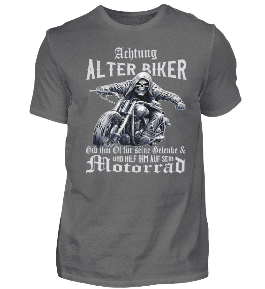 Ein Biker T-Shirt für Motorradfahrer von Wingbikers mit dem Aufdruck, Achtung alter Biker - Gib ihm Öl und hilf ihm auf sein Motorrad - in grau.