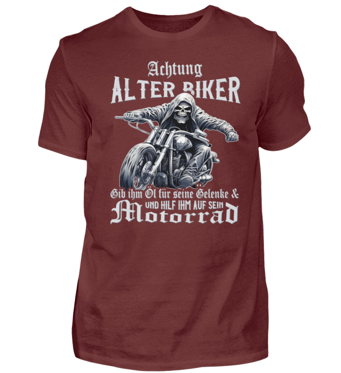 Ein Biker T-Shirt für Motorradfahrer von Wingbikers mit dem Aufdruck, Achtung alter Biker - Gib ihm Öl und hilf ihm auf sein Motorrad - in weinrot.