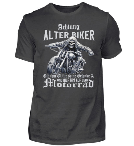 Ein Biker T-Shirt für Motorradfahrer von Wingbikers mit dem Aufdruck, Achtung alter Biker - Gib ihm Öl und hilf ihm auf sein Motorrad - in dunkelgrau.