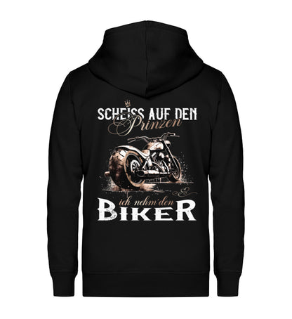 Eine Reißverschluss-Jacke für Motorradfahrerinnen von Wingbikers mit dem Aufdruck, Scheiß auf den Prinzen, ich nehm' den Biker, in schwarz.