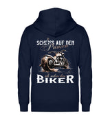 Eine Reißverschluss-Jacke für Motorradfahrerinnen von Wingbikers mit dem Aufdruck, Scheiß auf den Prinzen, ich nehm' den Biker, in navy blau.