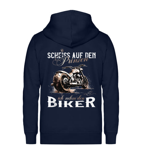 Eine Reißverschluss-Jacke für Motorradfahrerinnen von Wingbikers mit dem Aufdruck, Scheiß auf den Prinzen, ich nehm' den Biker, in navy blau.