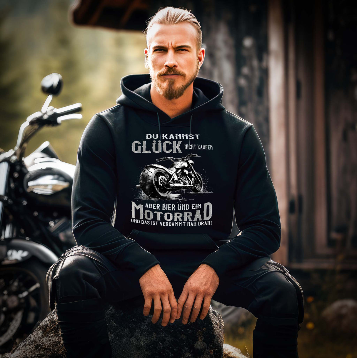 Ein Biker mit einem Hoodie für Motorradfahrer von Wingbikers mit dem Aufdruck, Du kannst Glück nicht kaufen, aber Bier und ein Motorrad und das ist verdammt nah dran! - in schwarz.