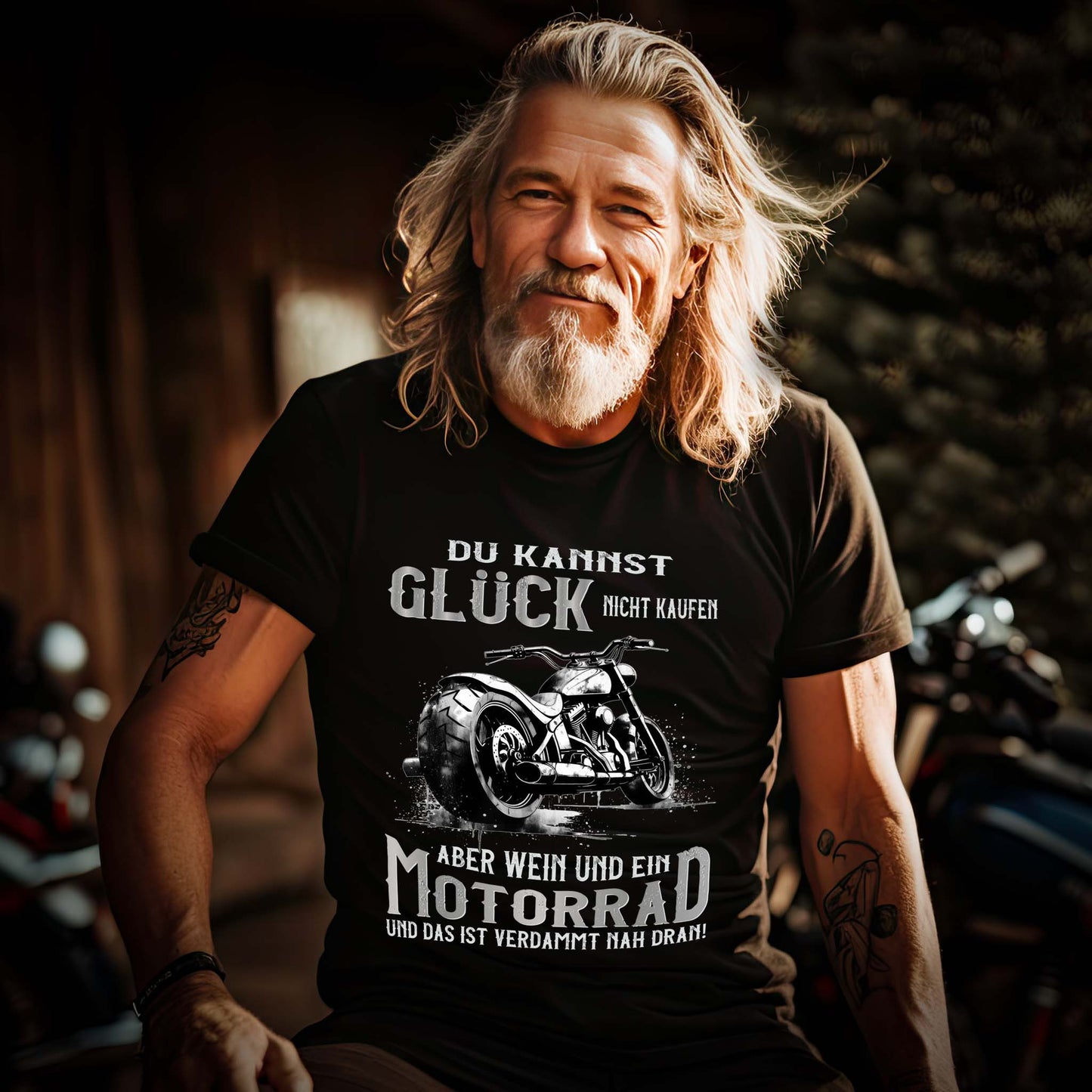 Ein Biker mit einem T-Shirt für Motorradfahrer von Wingbikers mit dem Aufdruck, Du kannst Glück nicht kaufen, aber Wein und ein Motorrad und das ist verdammt nah dran! - in schwarz.