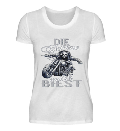 Ein Bikerin T-Shirt für Motorradfahrerinnen von Wingbikers mit dem Aufdruck, Die Schöne und ihr Biest - in weiß.