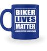 Eine Tasse für Motorradfahrer von Wingbikers, mit dem beidseitigen Aufdruck, Biker Lives Matter - # Loud Pipes Save Lives, in royal blau.