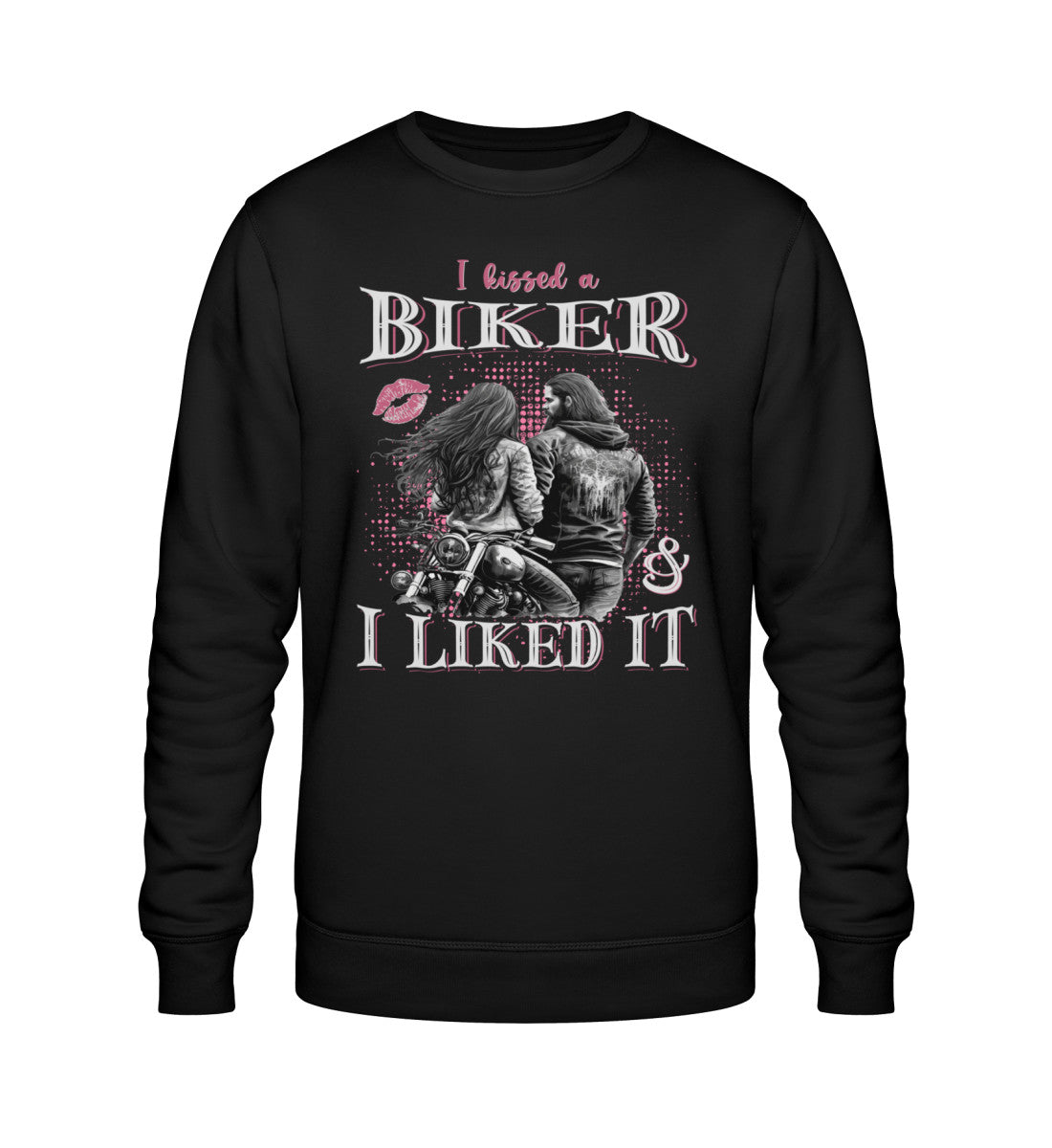 Ein Sweatshirt für Motorradfahrerinnen von Wingbikers mit dem Aufdruck, I Kissed A Biker And I Liked It, in schwarz.