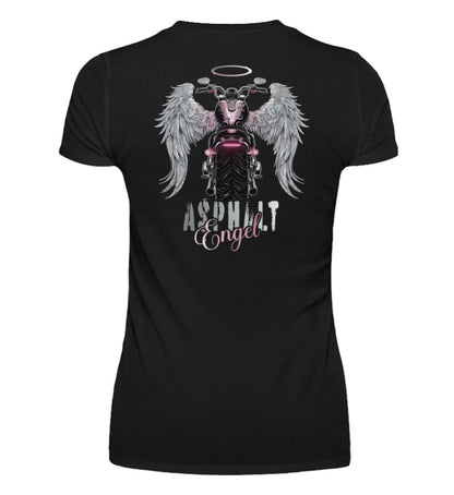 Ein Bikerin T-Shirt mit V-Ausschnitt für Motorradfahrerinnen von Wingbikers mit dem Aufdruck, Asphalt Engel - mit Flügeln, als Back Print - in schwarz.
