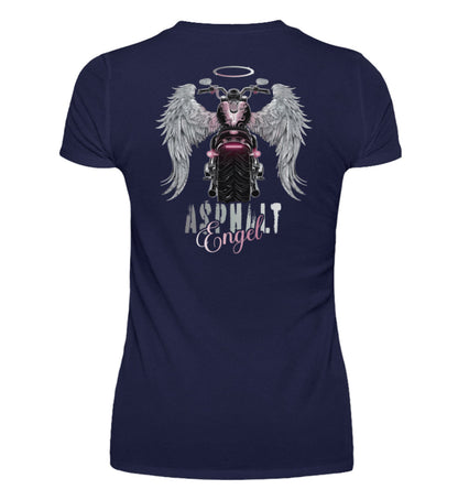 Ein Bikerin T-Shirt mit V-Ausschnitt für Motorradfahrerinnen von Wingbikers mit dem Aufdruck, Asphalt Engel - mit Flügeln, als Back Print - in navy blau.