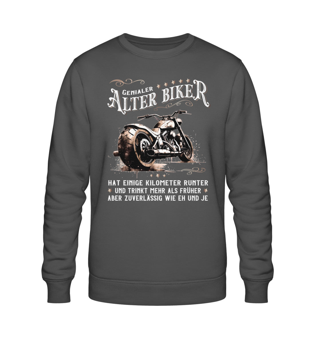 Ein Biker Sweatshirt für Motorradfahrer von Wingbikers mit dem Aufdruck, Alter Biker - Einige Kilometer runter, trinkt mehr - aber zuverlässig wie eh und je - in dunkelgrau.