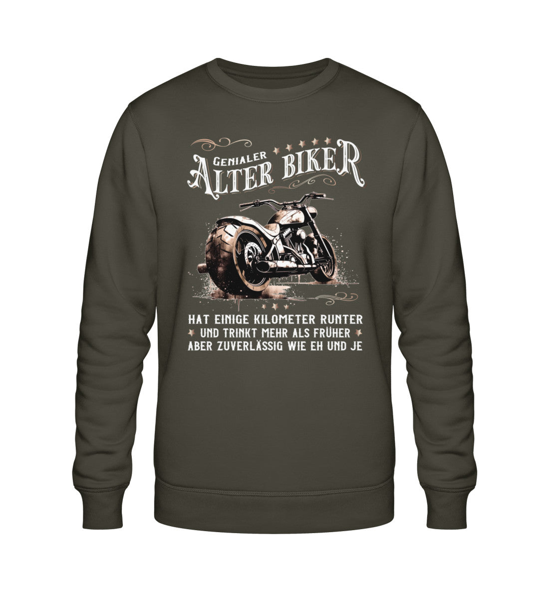 Ein Biker Sweatshirt für Motorradfahrer von Wingbikers mit dem Aufdruck, Alter Biker - Einige Kilometer runter, trinkt mehr - aber zuverlässig wie eh und je - in khaki grün.