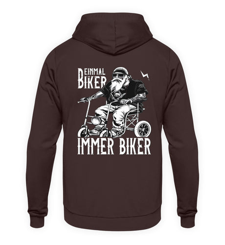 Ein Biker Hoodie für Motorradfahrer von Wingbikers mit dem Aufdruck, Einmal Biker - Immer Biker - mit Back Print, in braun.