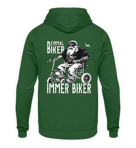 Ein Biker Hoodie für Motorradfahrer von Wingbikers mit dem Aufdruck, Einmal Biker - Immer Biker - mit Back Print, in grün.