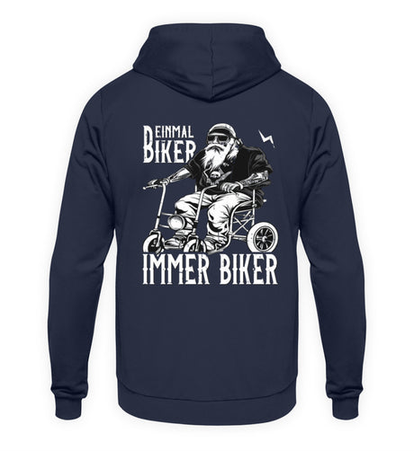 Ein Biker Hoodie für Motorradfahrer von Wingbikers mit dem Aufdruck, Einmal Biker - Immer Biker - mit Back Print, in navy.