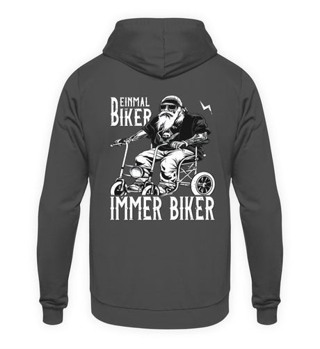 Ein Biker Hoodie für Motorradfahrer von Wingbikers mit dem Aufdruck, Einmal Biker - Immer Biker - mit Back Print, in stahlgrau.