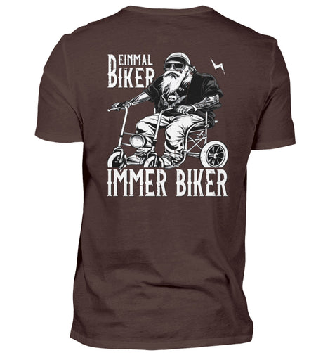Ein Biker T-Shirt für Motorradfahrer von Wingbikers mit dem Aufdruck, Einmal Biker - Immer Biker - mit Back Print, in braun.
