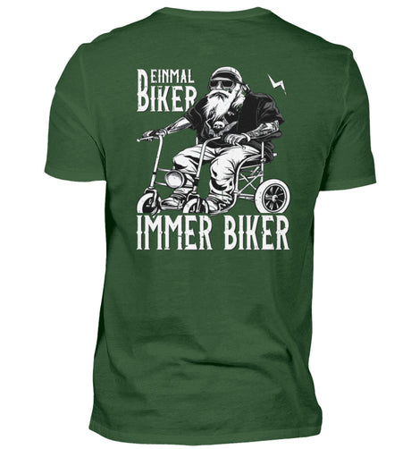 Ein Biker T-Shirt für Motorradfahrer von Wingbikers mit dem Aufdruck, Einmal Biker - Immer Biker - mit Back Print, in dunkelgrün.