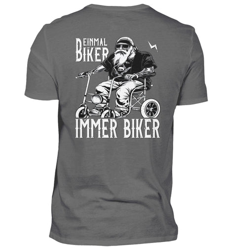 Ein Biker T-Shirt für Motorradfahrer von Wingbikers mit dem Aufdruck, Einmal Biker - Immer Biker - mit Back Print, in grau.