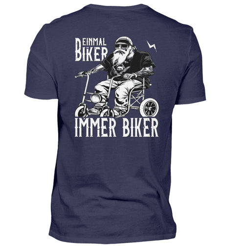 Ein Biker T-Shirt für Motorradfahrer von Wingbikers mit dem Aufdruck, Einmal Biker - Immer Biker - mit Back Print, in navy.
