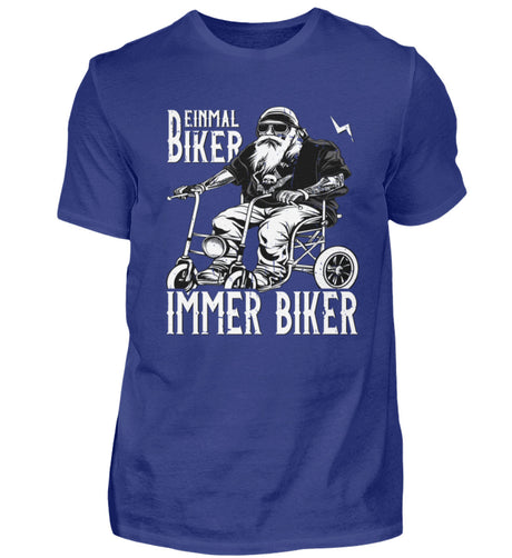 Ein Biker T-Shirt für Motorradfahrer von Wingbikers mit dem Aufdruck, Einmal Biker - Immer Biker - in blau.