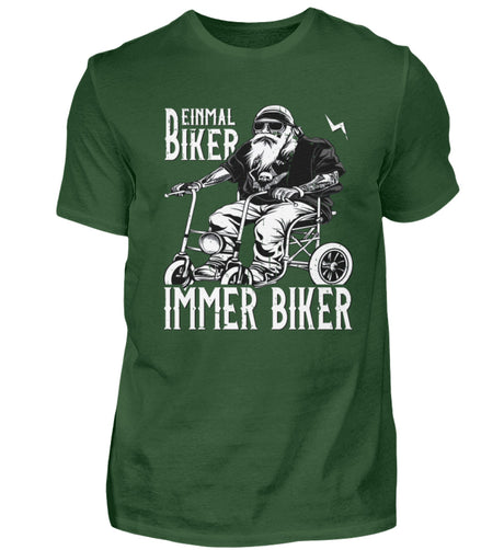 Ein Biker T-Shirt für Motorradfahrer von Wingbikers mit dem Aufdruck, Einmal Biker - Immer Biker - in dunkelgrün.