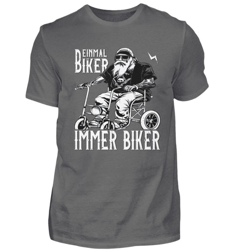 Ein Biker T-Shirt für Motorradfahrer von Wingbikers mit dem Aufdruck, Einmal Biker - Immer Biker - in grau.